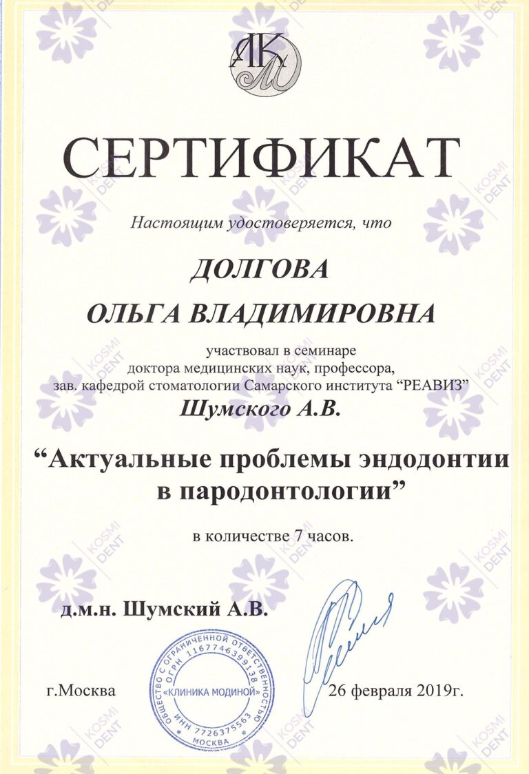 Сертификат: Долгова Ольга Владимировна